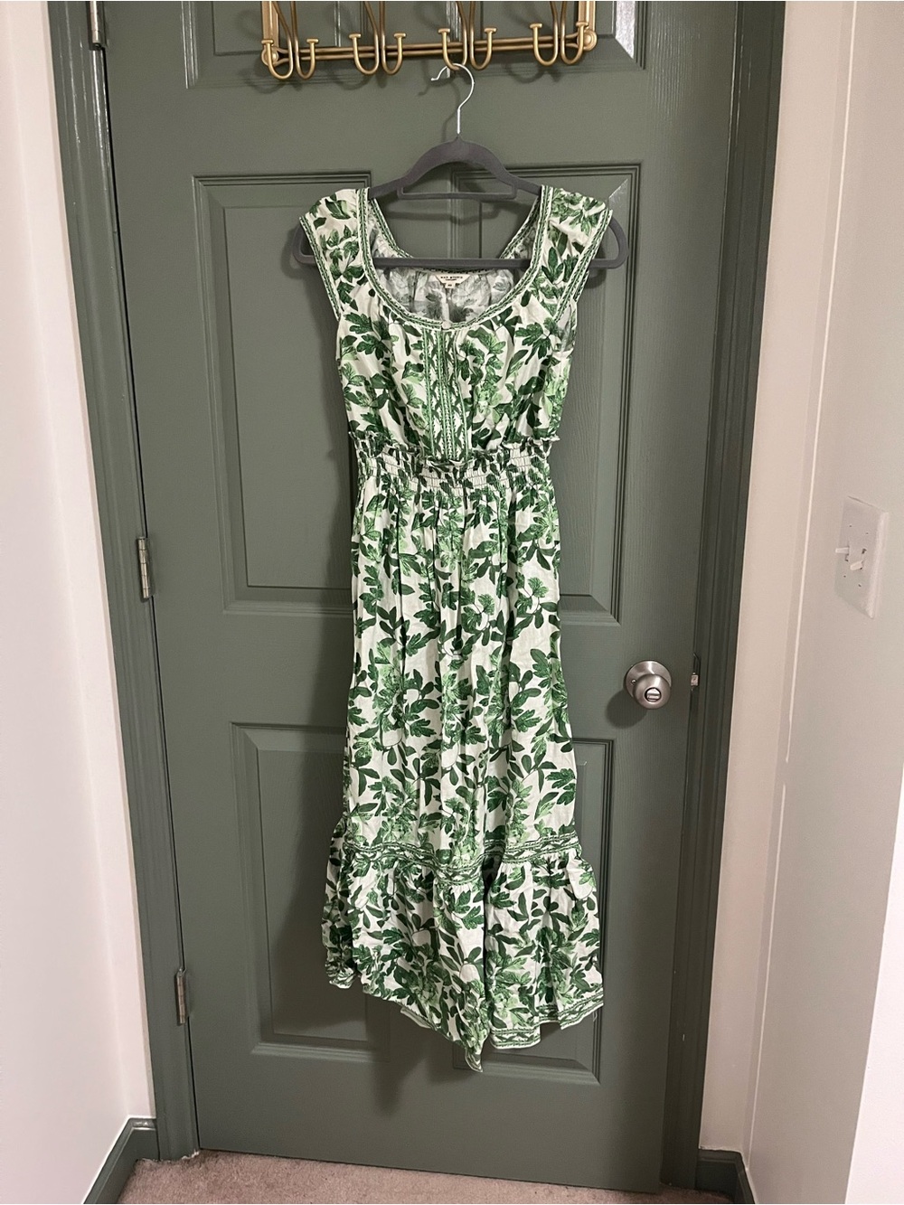 Max Studio White Maxi Dress with Green Leaf Print